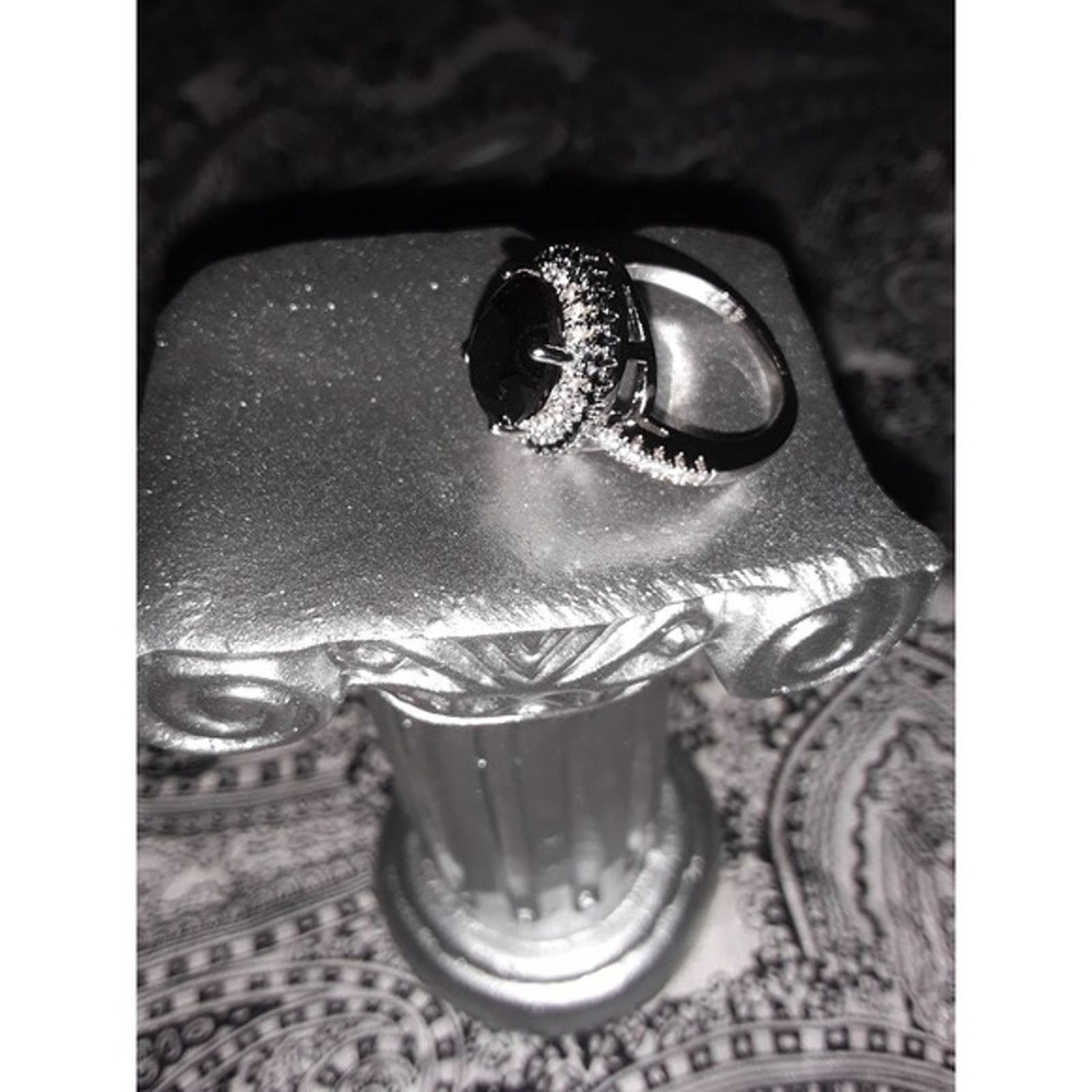 Black Sapphire & Diamond Ring Sz 7 - 925 Silver Cocktail Ring NIB - Picture 4 of 5